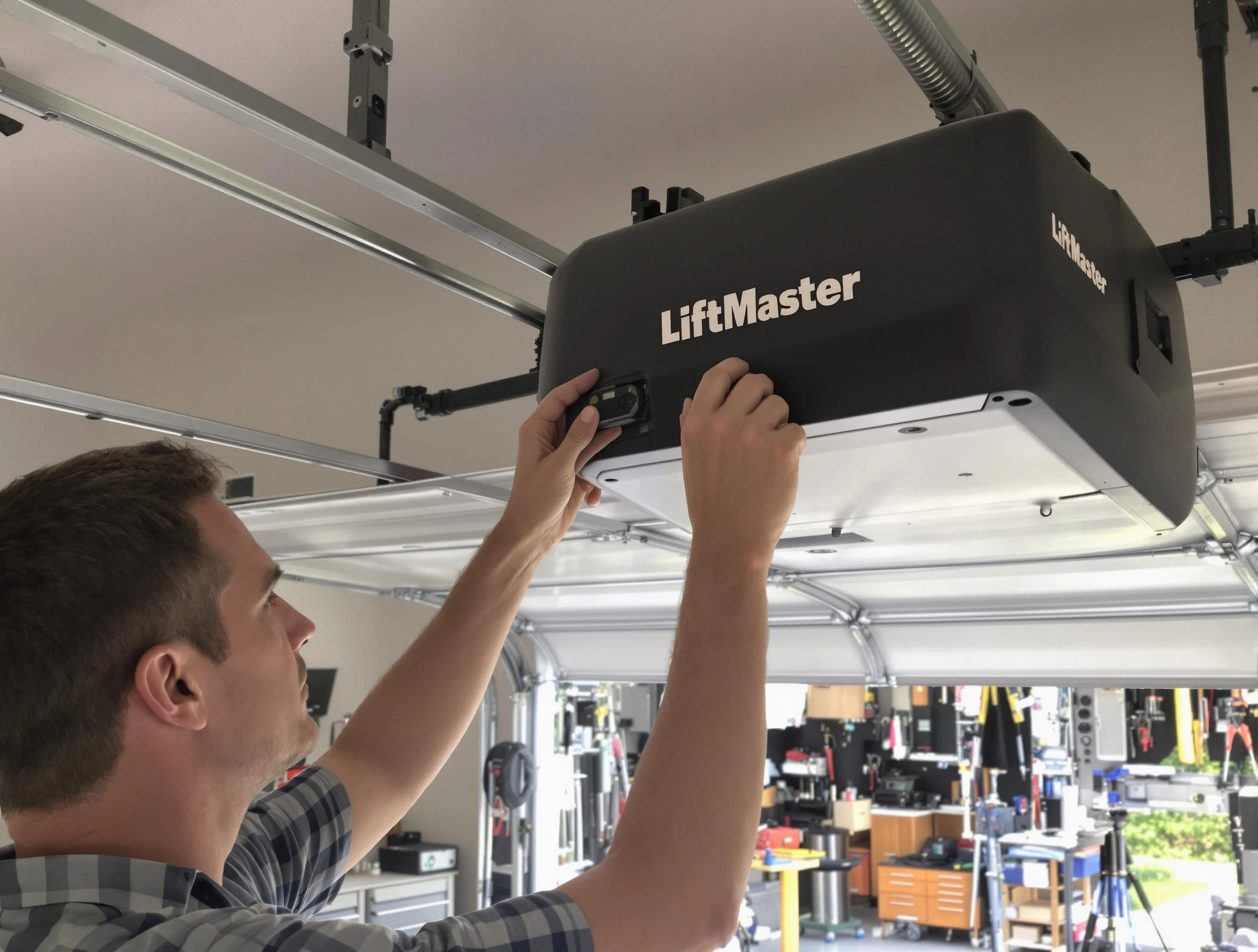 Technician working on a garage door opener system